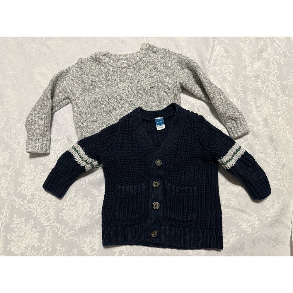 Lot of 2 Boys Knit Sweaters 6-12 Month Baby + 2T Toddler Old Navy Gray Blue